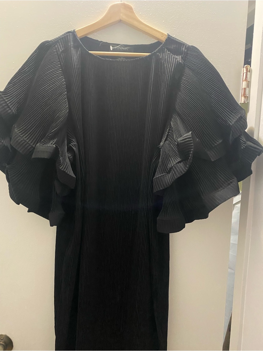Elegant Black Pleated Ruffle Sleeve Dress - ByVinnik
